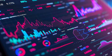 A vibrant, multicolored trading software interface displays various financial charts and graphs. Line and bar charts, along with numerical data, illustrate stock performance, price changes, and market trends against a dark background. | ZIIMP