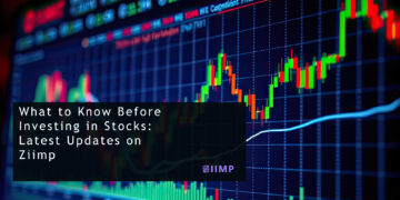 A stock market display with red and green candlestick charts and various numbers. Overlaid text reads, "What to Know Before Investing in Stocks: Latest Updates on Ziimp. | ZIIMP