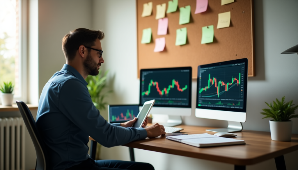 A man in a blue shirt sits at a desk with several computer monitors displaying stock charts. He holds a tablet, surrounded by potted plants and notebooks. A corkboard with sticky notes is visible on the wall behind him. | ZIIMP