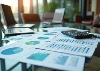 A close-up of financial documents and Financial Statements with charts and graphs, a calculator, and two open laptops on a glass table in a modern office with large windows. | ZIIMP