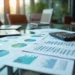 A close-up of financial documents and Financial Statements with charts and graphs, a calculator, and two open laptops on a glass table in a modern office with large windows. | ZIIMP